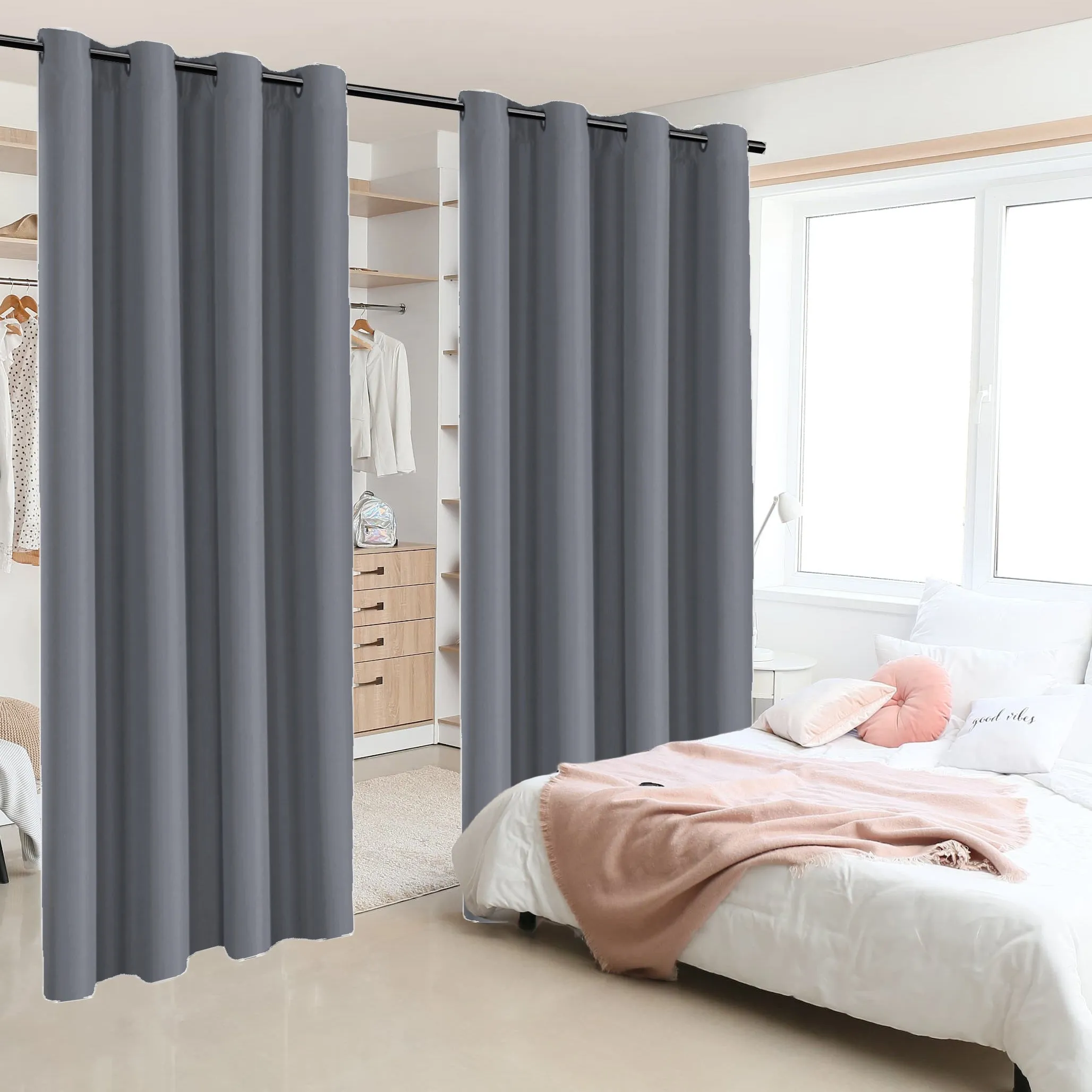 2 Panels Blackout Room Divider Curtain, Coated Insulated Simple Grommet Top Room Divider Curtain, Blackout Insulated Room Curtain Panel For Patio Living Room Home Decor