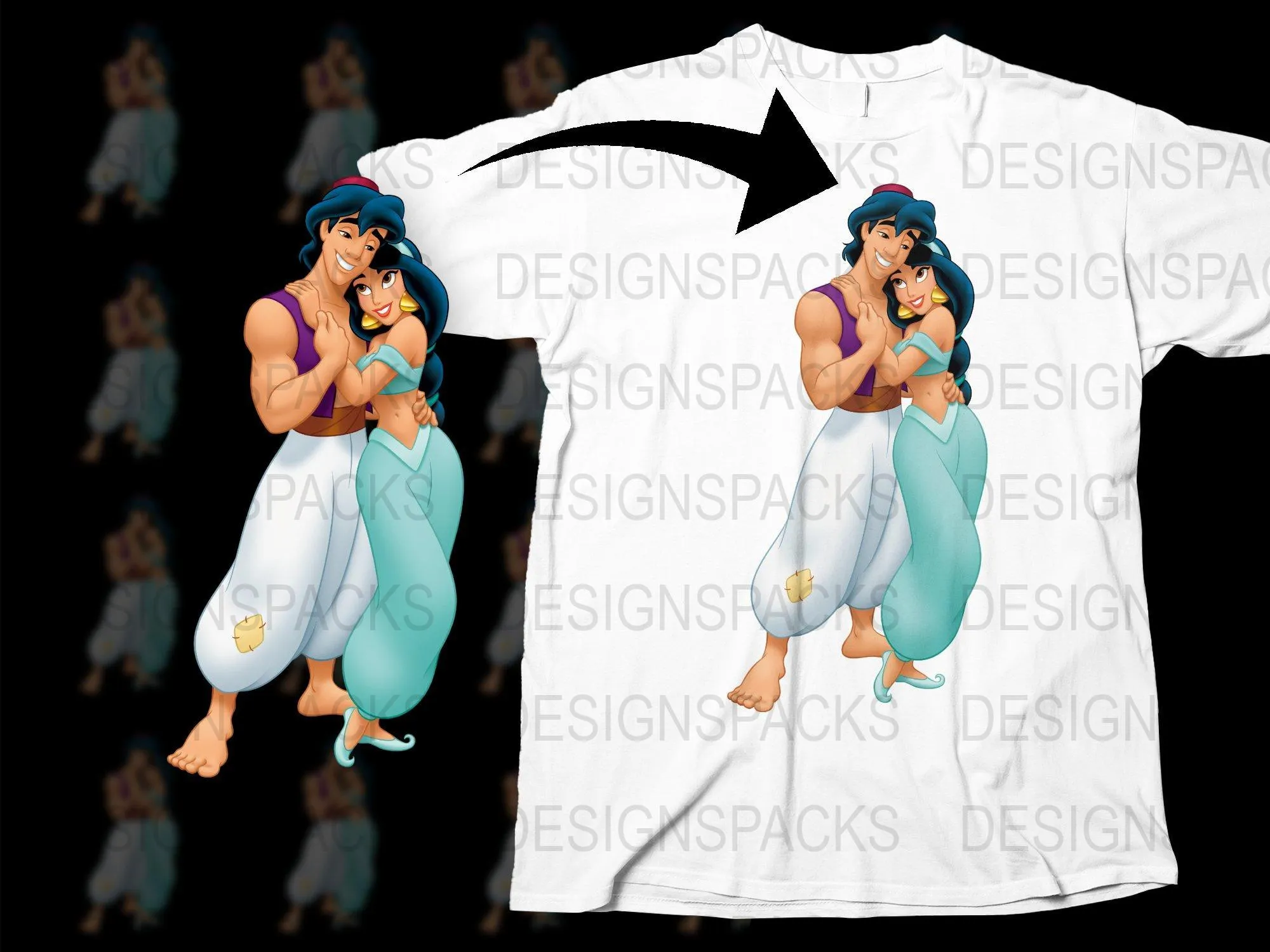 Aladdin and Jasmine Embrace Graphic Png Digital Download