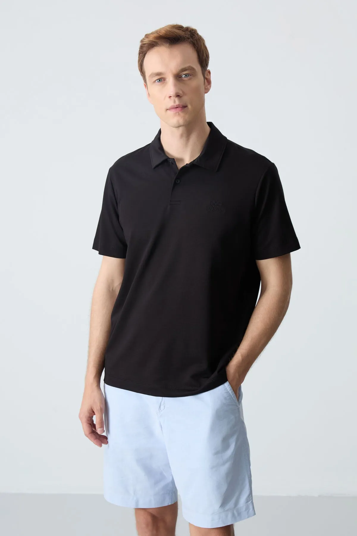 basic logolu standart kalip triko polo yaka erkek t-shirt - 87748