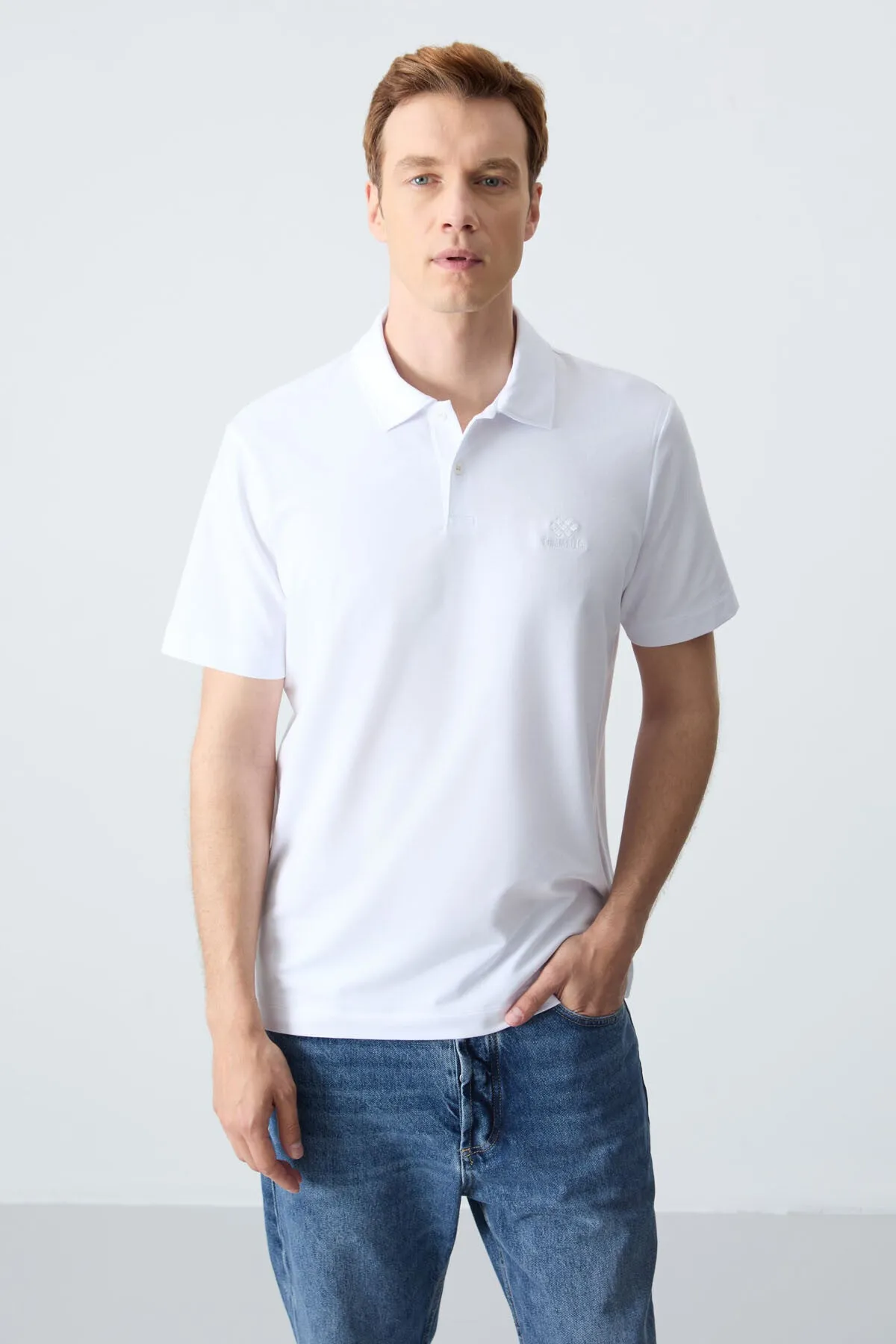 basic logolu standart kalip triko polo yaka erkek t-shirt - 87748