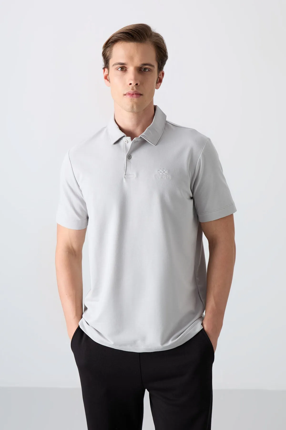 basic logolu standart kalip triko polo yaka erkek t-shirt - 87748