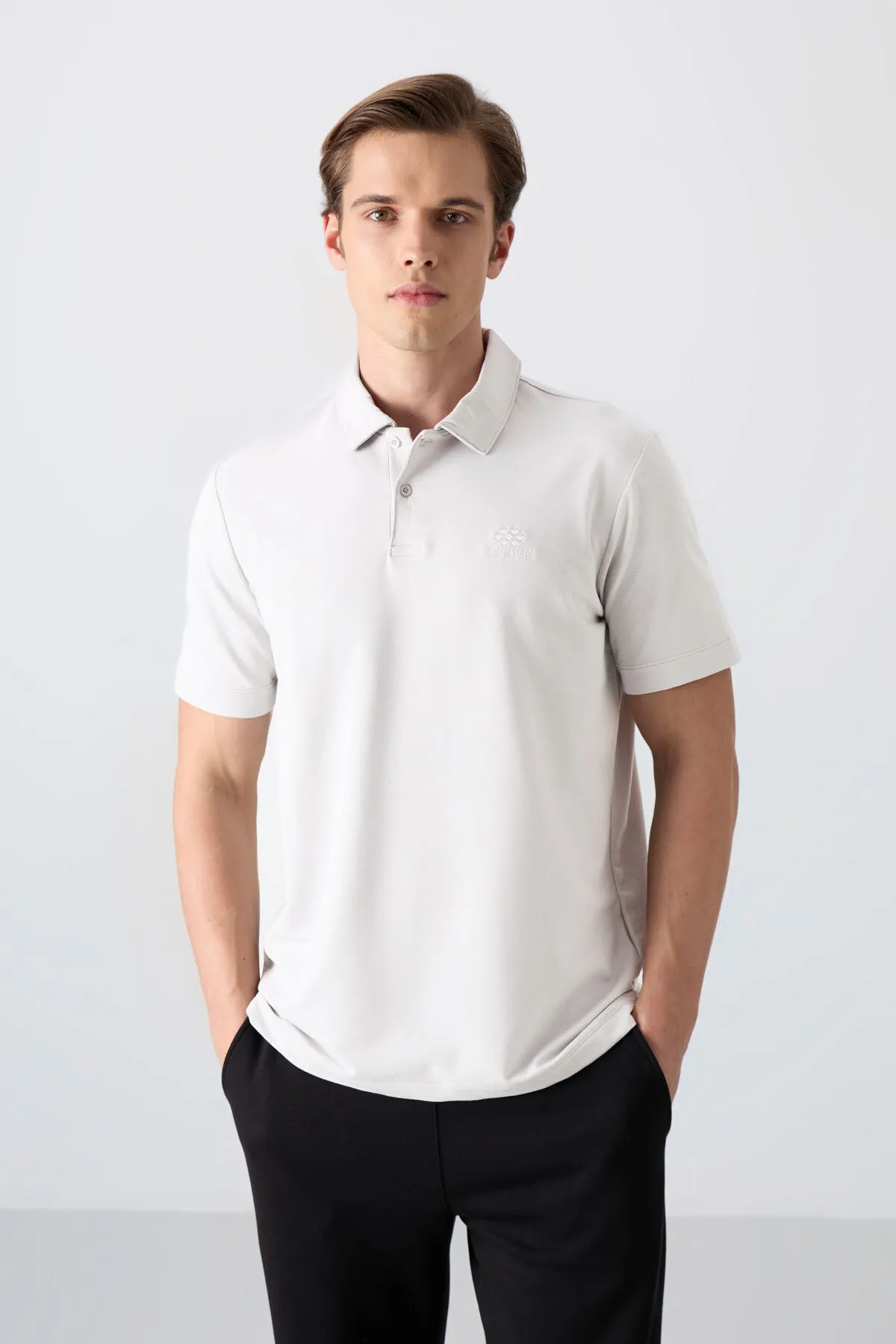 basic logolu standart kalip triko polo yaka erkek t-shirt - 87748