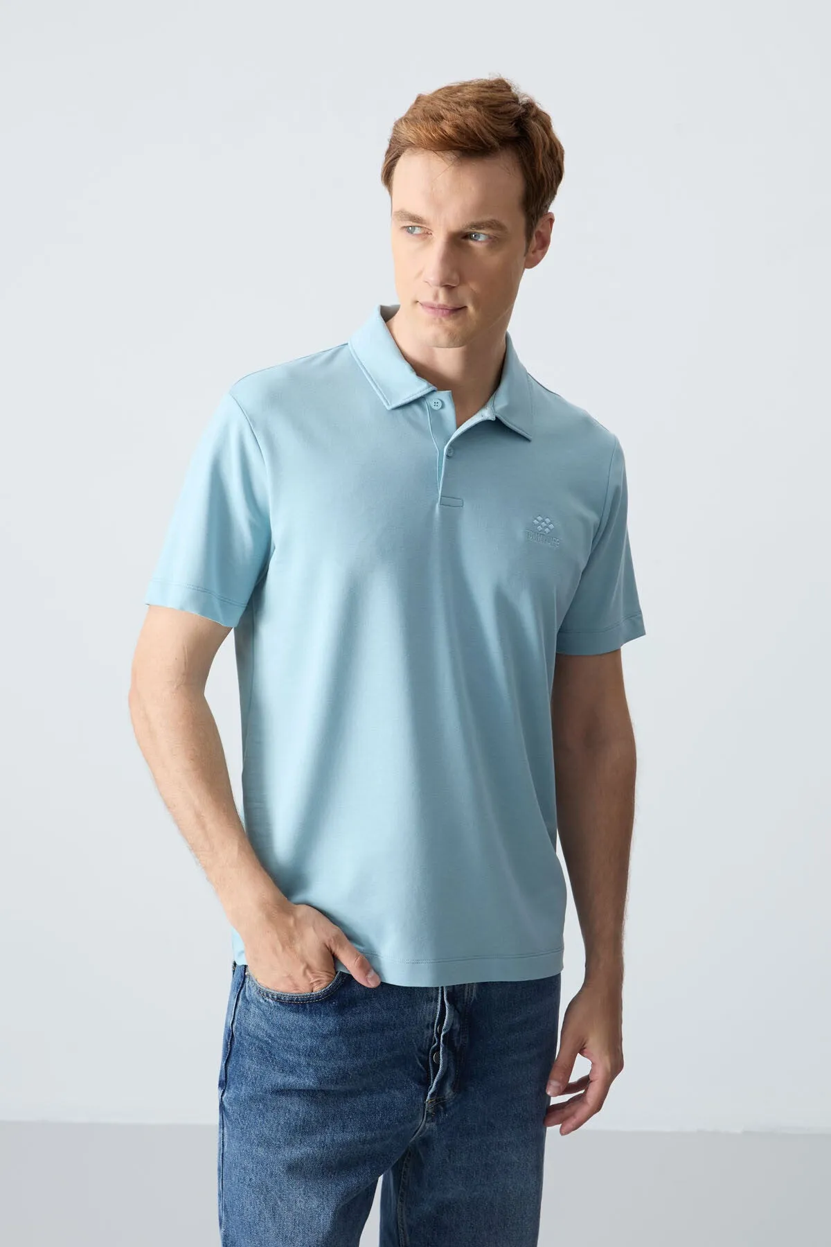 basic logolu standart kalip triko polo yaka erkek t-shirt - 87748