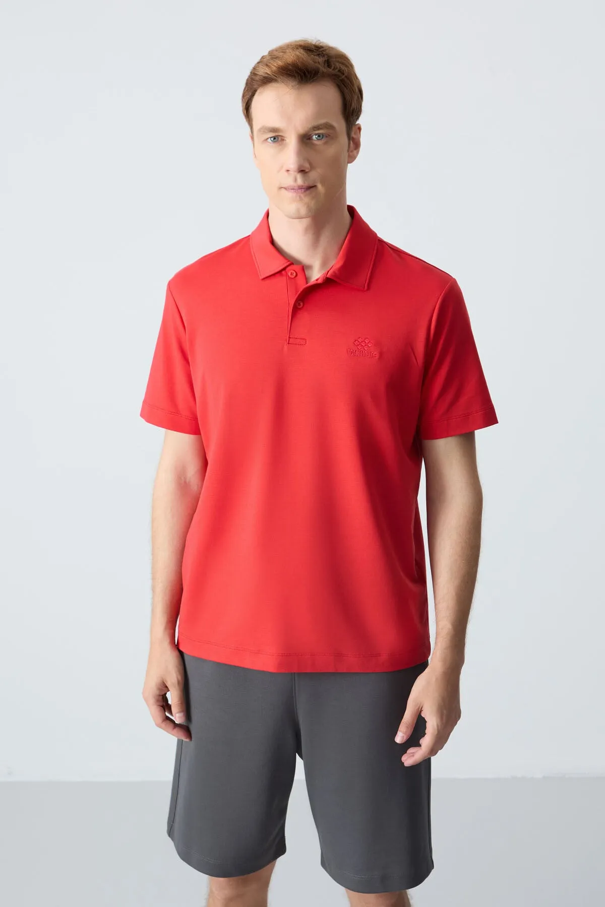 basic logolu standart kalip triko polo yaka erkek t-shirt - 87748