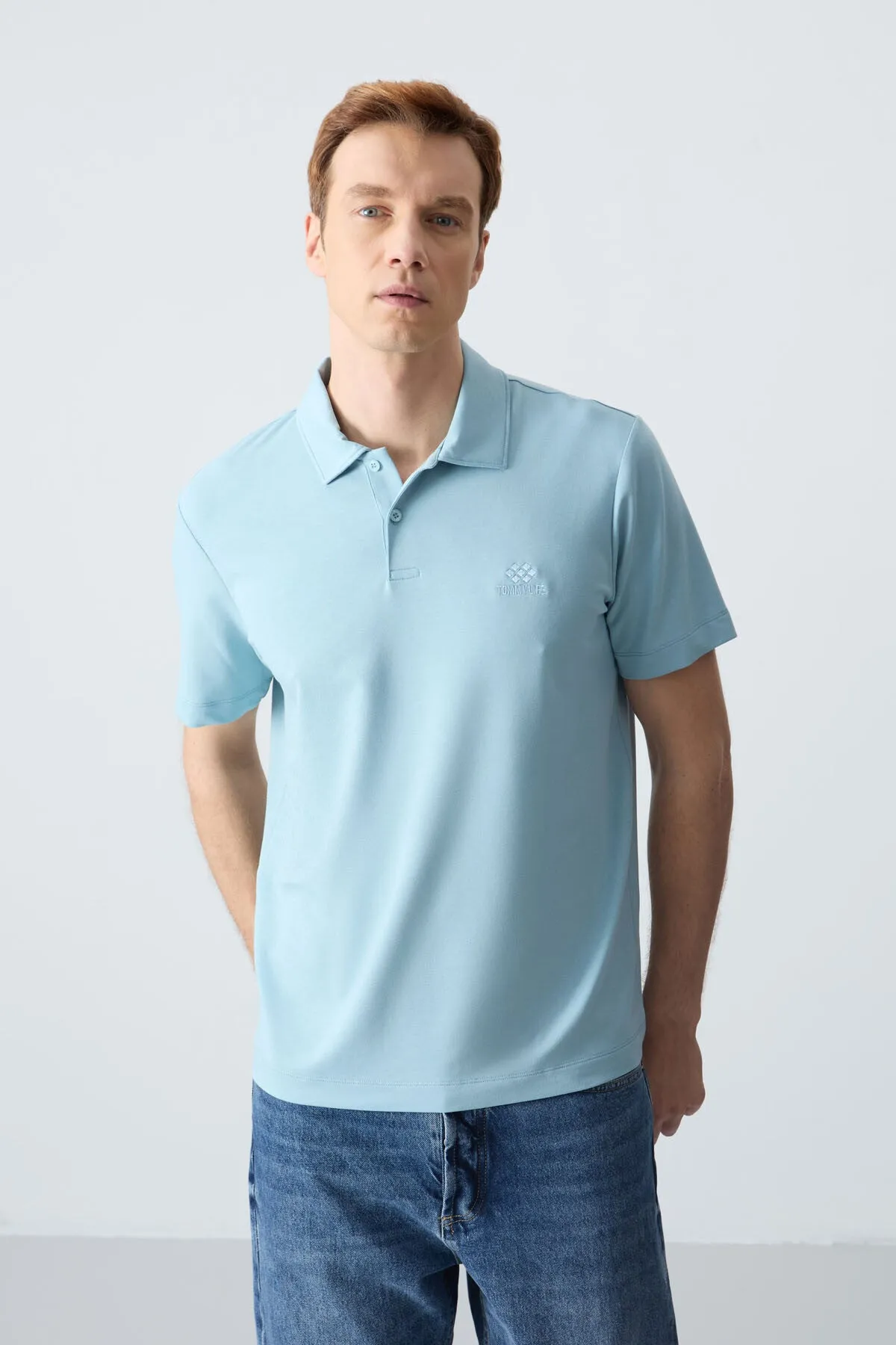 basic logolu standart kalip triko polo yaka erkek t-shirt - 87748