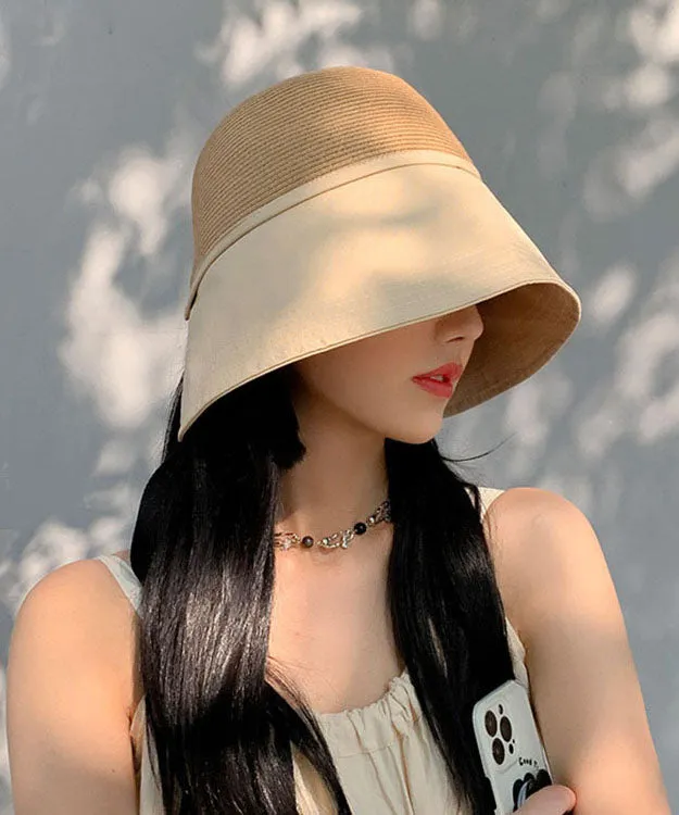 Beautiful Black Patchwork Bow Straw Woven Bucket Hat YU1018