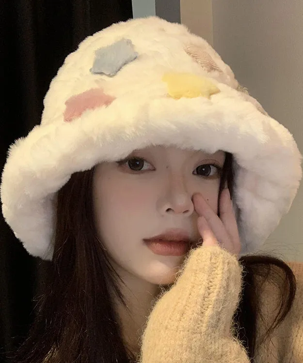 Beautiful White Patch Thick Warm Faux Fur Bucket Hat RS005