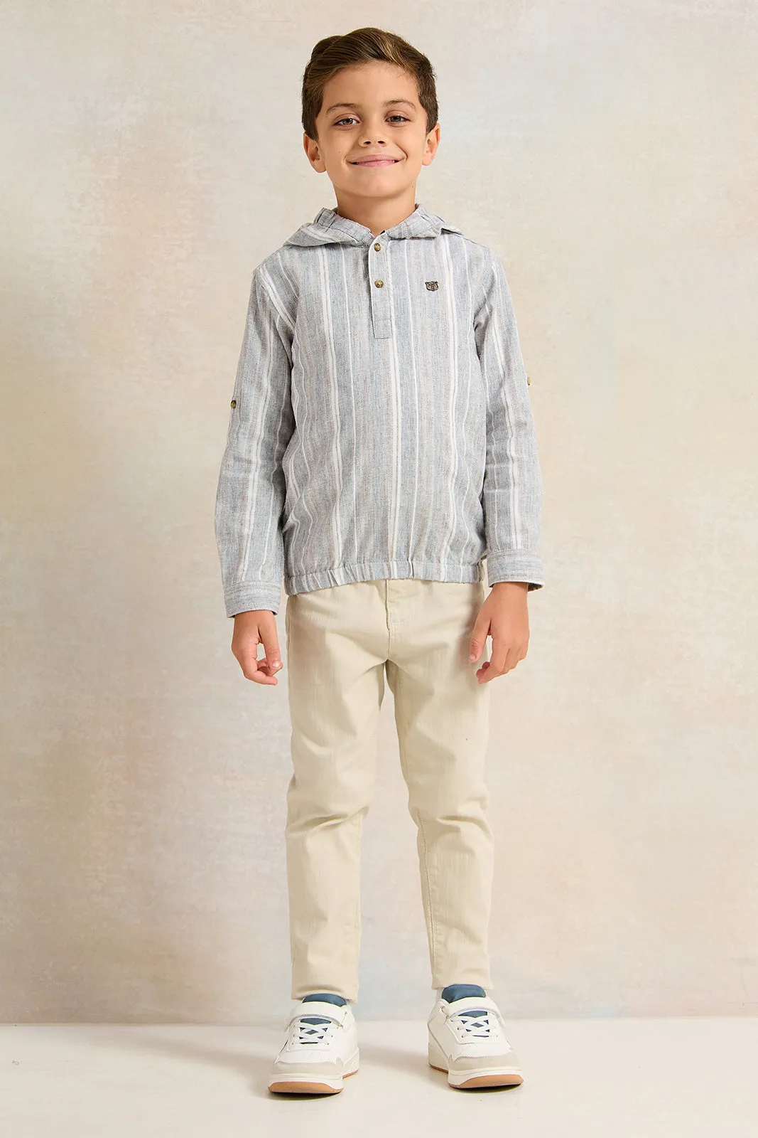 Boys Grey Striped With Hooded Shirt