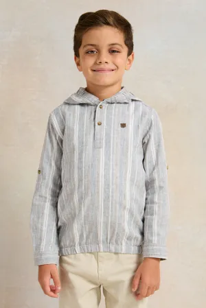 Boys Grey Striped With Hooded Shirt