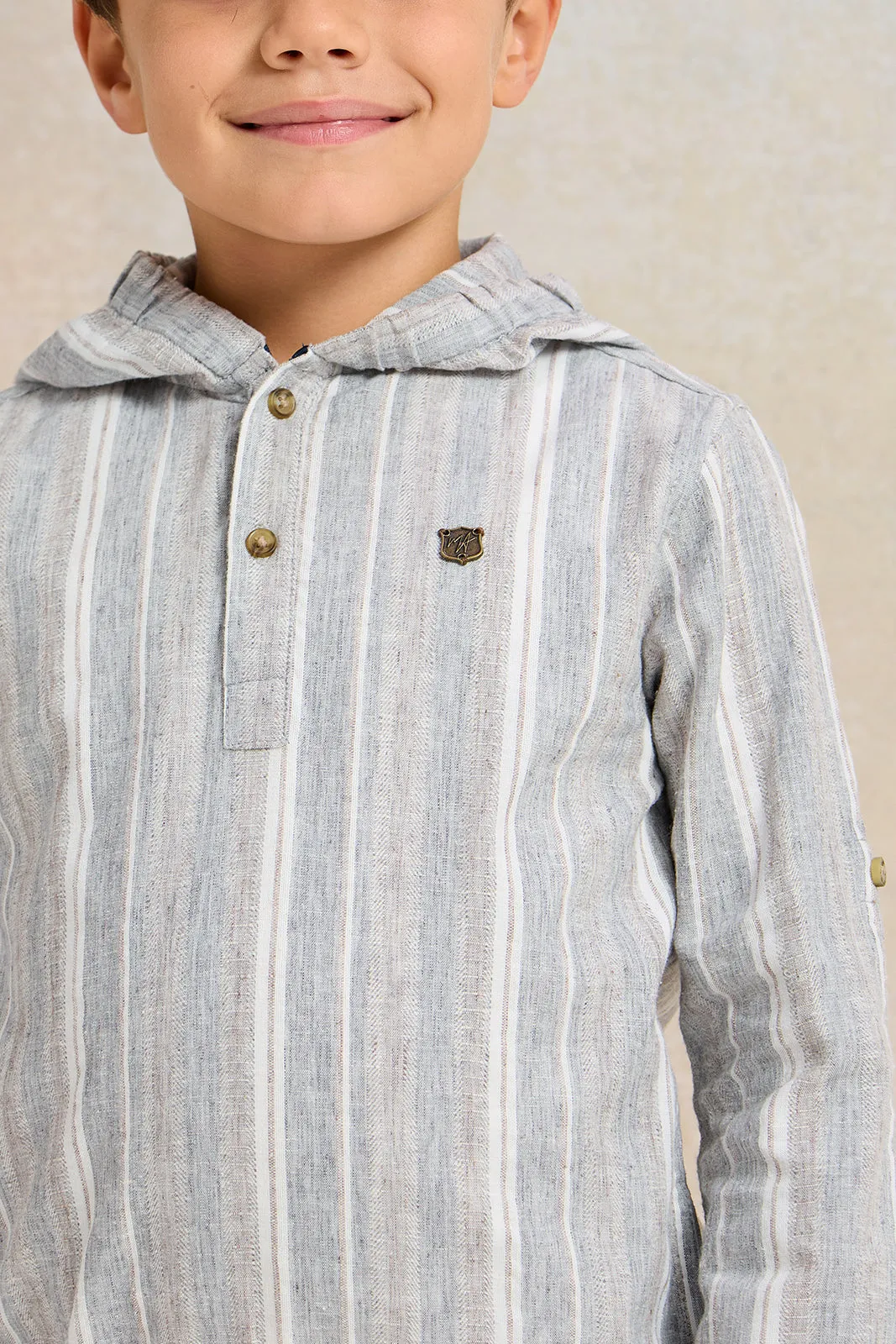 Boys Grey Striped With Hooded Shirt