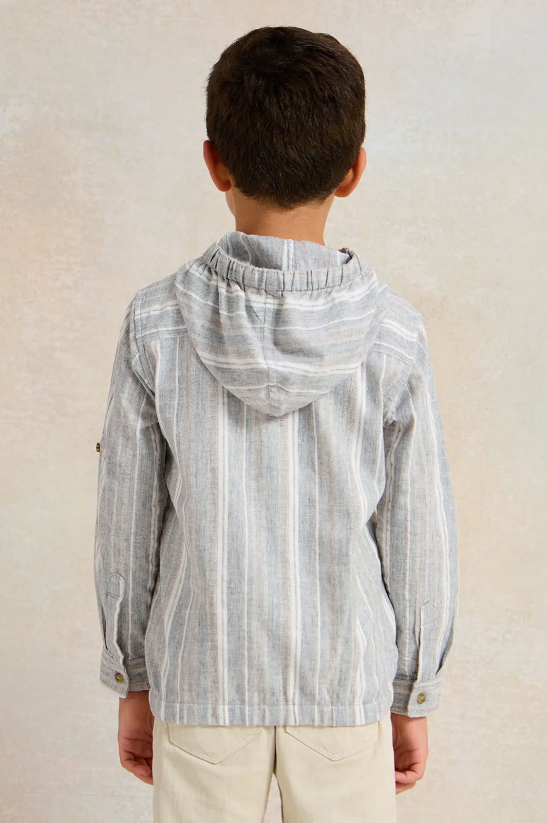 Boys Grey Striped With Hooded Shirt