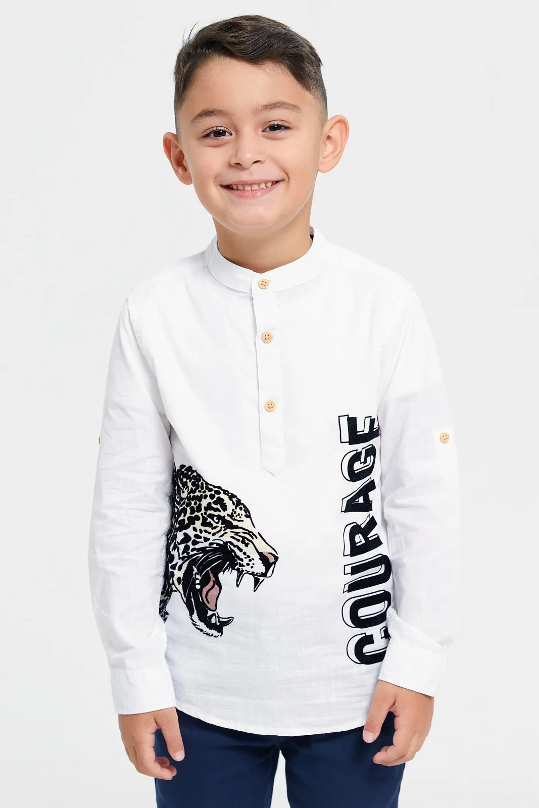 Boys Junior White Flock Leopard Print Long Sleeve Shirt