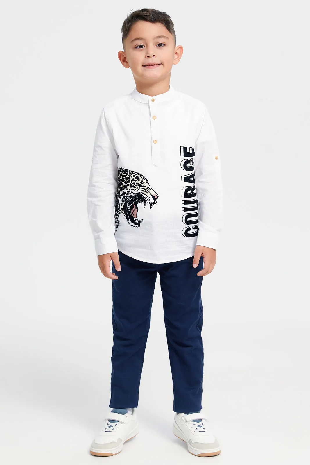 Boys Junior White Flock Leopard Print Long Sleeve Shirt