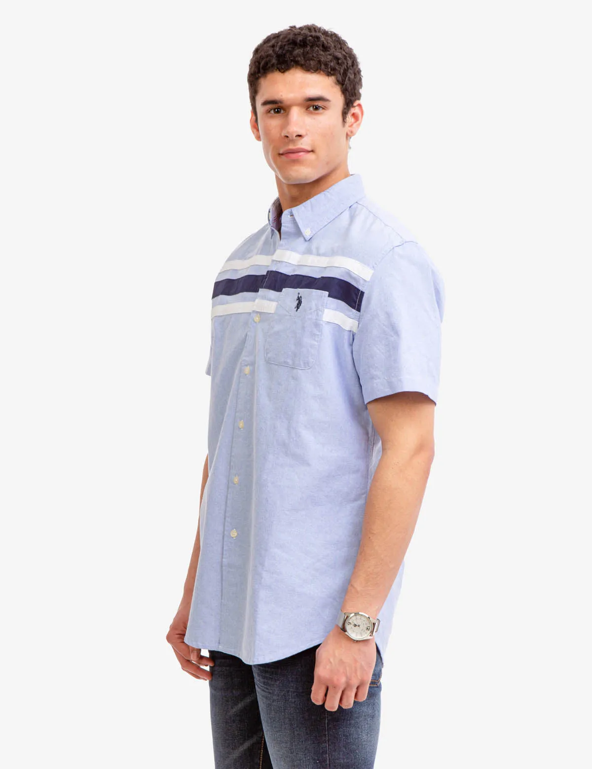 CHEST STRIPE SHORT SLEEVE OXFORD SHIRT