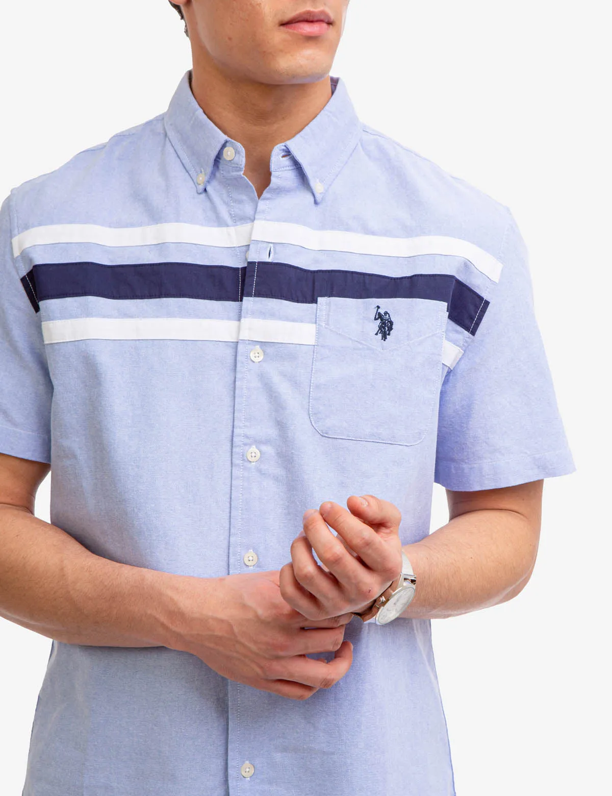 CHEST STRIPE SHORT SLEEVE OXFORD SHIRT