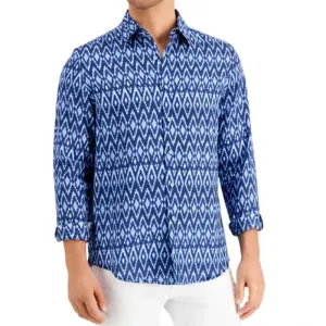 Club Room Men's Navy Blue Ikat Breeze Linen Button Down Shirt