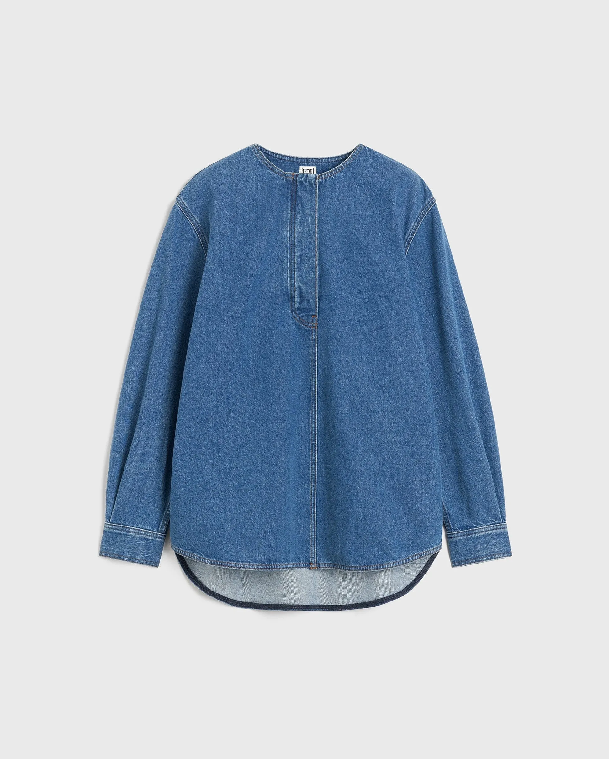 COLLARLESS DENIM SHIRT / VIBRANT BLUE