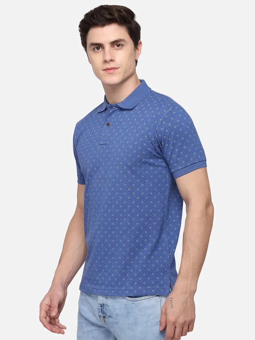 Dark Blue Printed Slim Fit Polo T-Shirt | Greenfibre