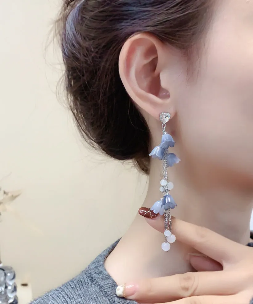 DIY Blue Sterling Silver Zircon Pearl Floral Tassel Drop Earrings KX1084