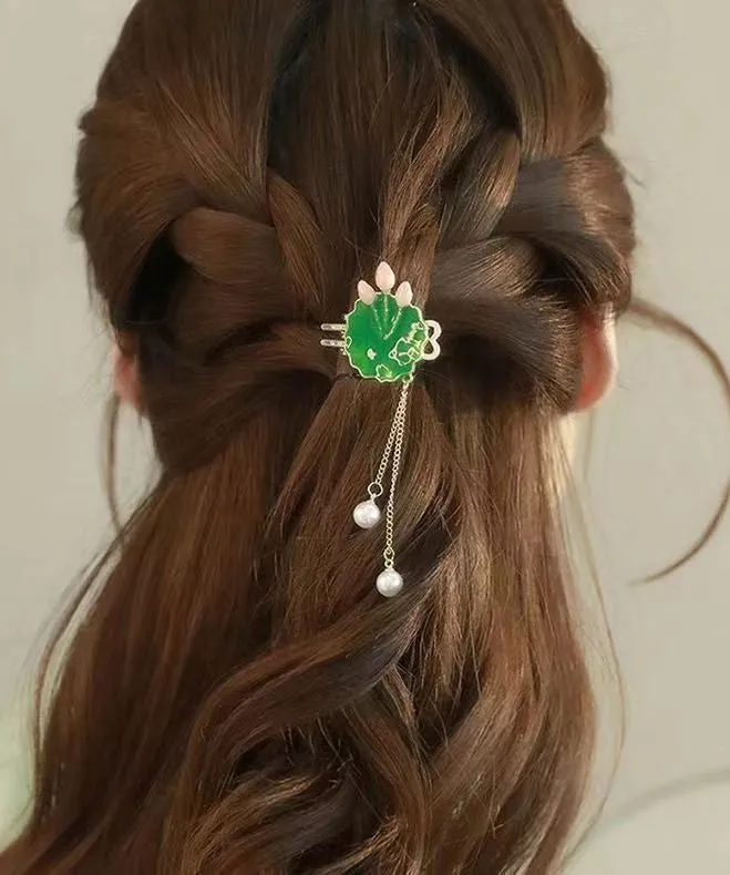 Elegant Green Sterling Silver Alloy Pearl Lotus Leaves Hairpin DF1023