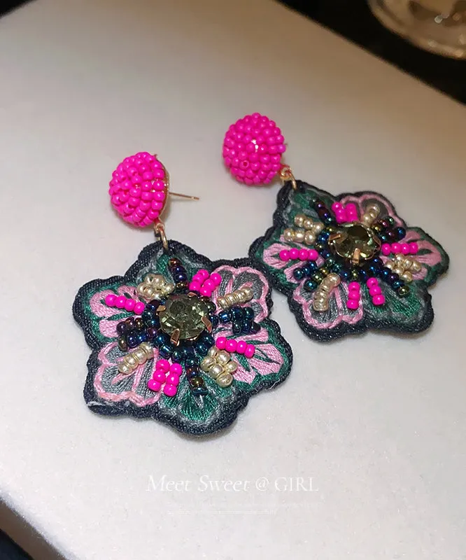 Elegant Rose Hand Woven Alloy Beads Embroidery Floral Drop Earrings GH1023