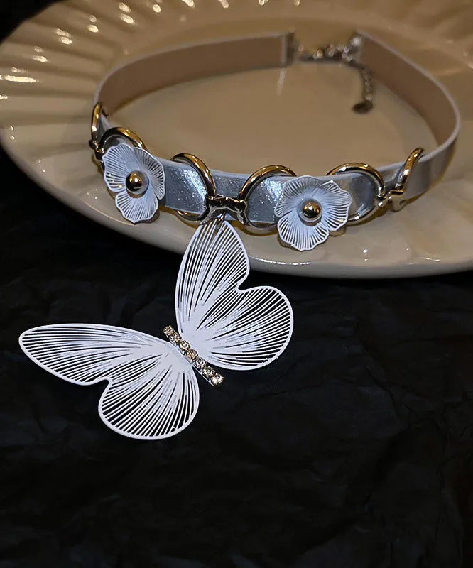 Elegant White Alloy Leather Patchwork Zircon Butterfly Choker PO059