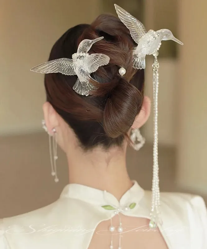 Elegant White Alloy Pearl Resin Magpie Tassel Hairpin AB1074