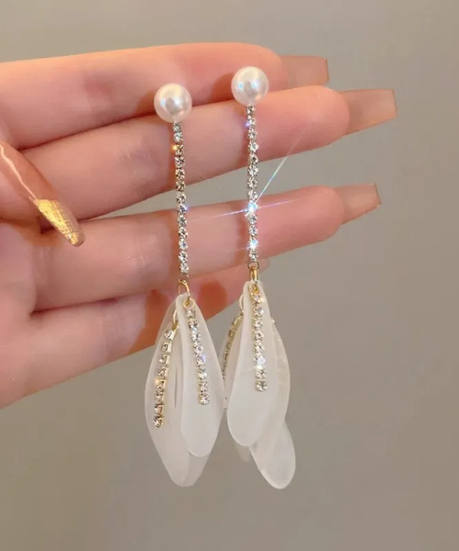 Elegant White Alloy Zircon Pearl Petal Tassel Drop Earrings QQ005