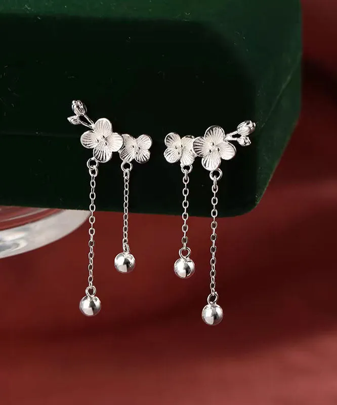 Elegant White Sterling Silver Plum Blossom Tassel Drop Earrings QU031