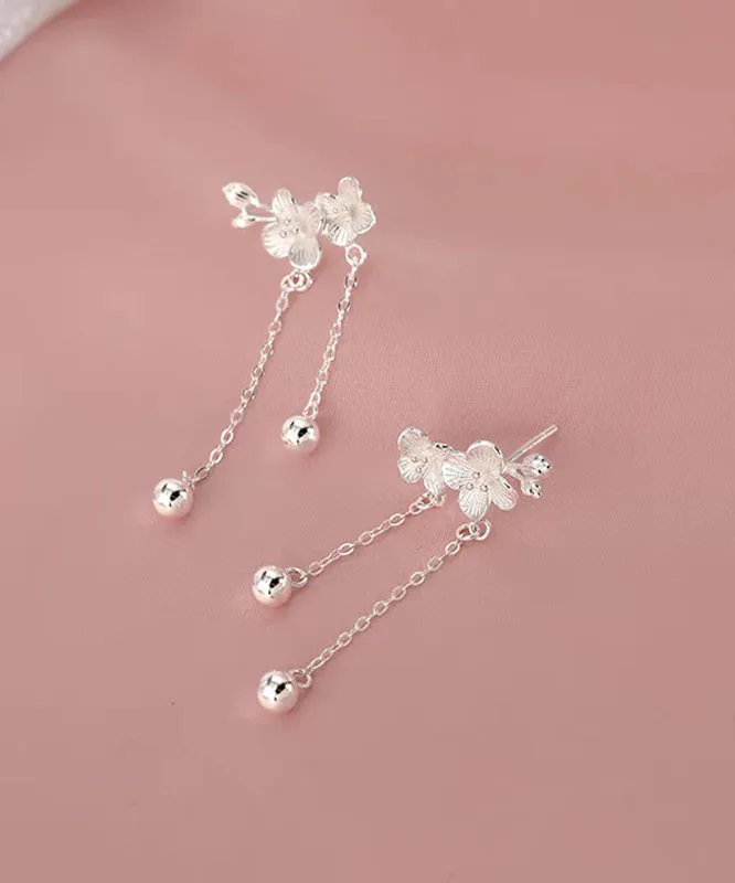 Elegant White Sterling Silver Plum Blossom Tassel Drop Earrings QU031