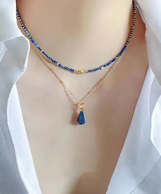 Fashion Klein Blue Sterling Silver Overgild Bluestone Beading Two Piece Set Pendant Necklace PO045