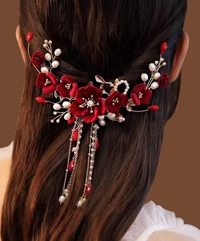 Fashion Red Sterling Silver Overgild Pearl Floral Tassel Hairpin QD039