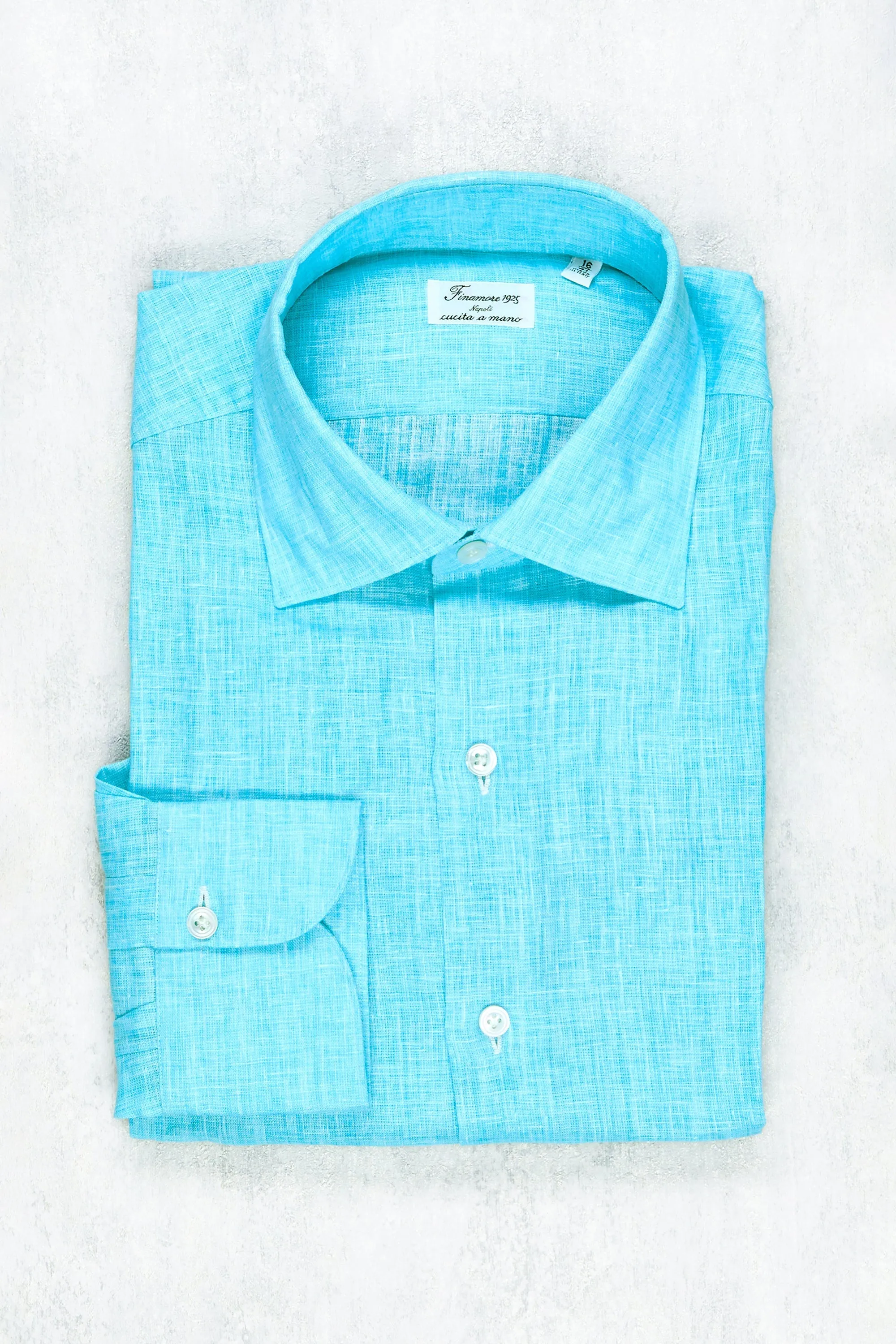 Finamore Turquoise Linen Spread Collar Shirt