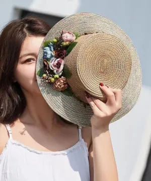 Japanese Vacation Style Flower Flat Top Straw Woven Hat YU1011