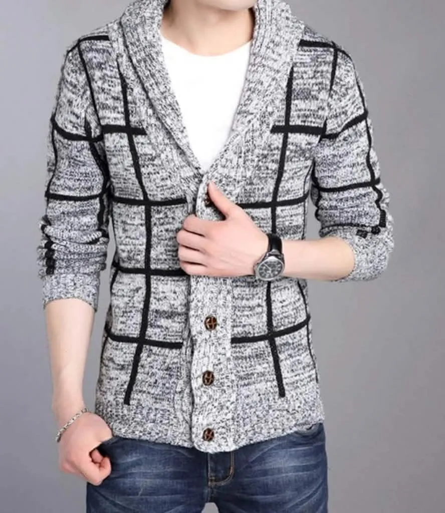 Men's Elegant Gray Textured Shawl Cardigan