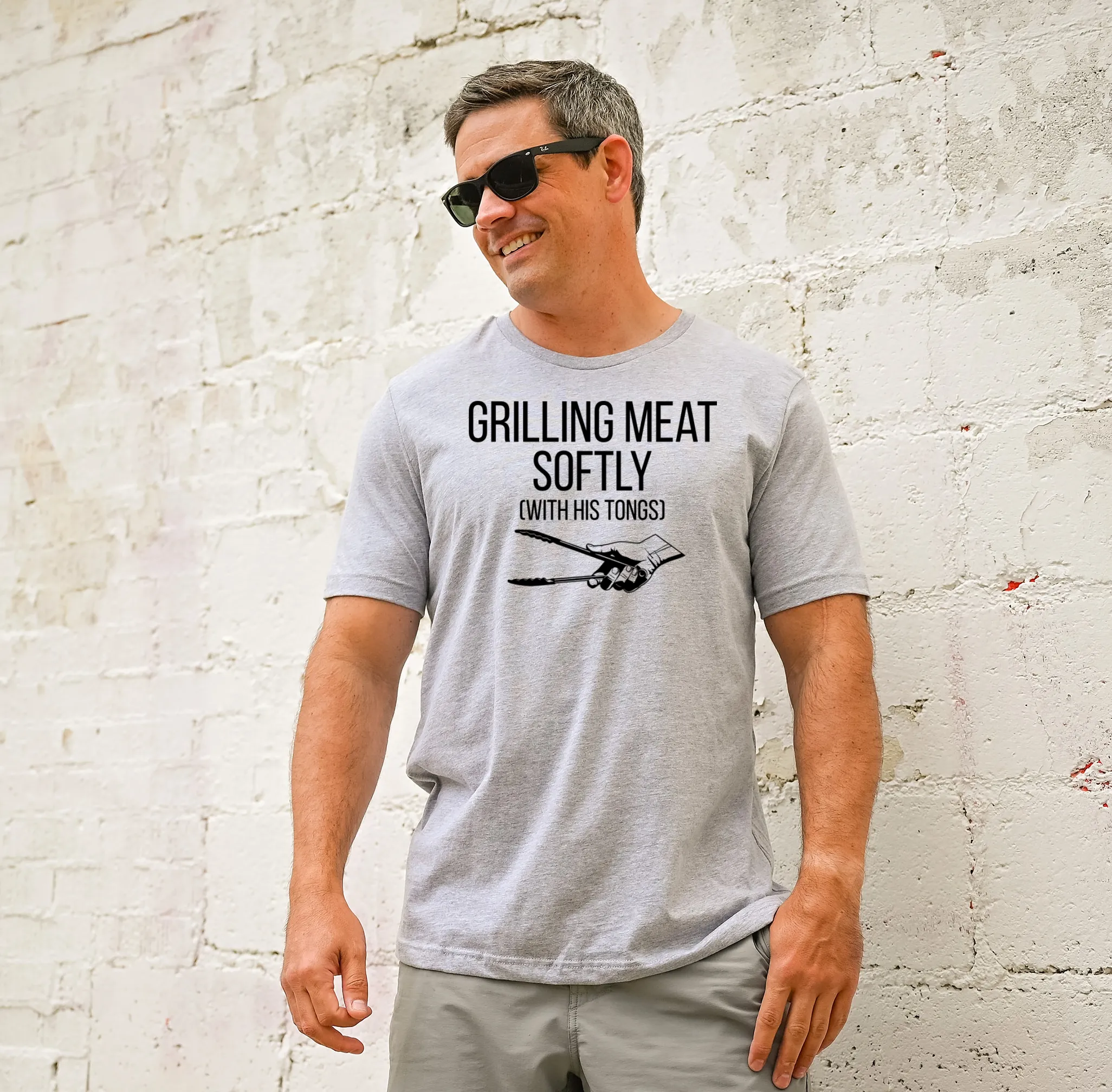 Men's GRILLING MEAT SOFTLY WITH HIS TONGS T-SHIRT