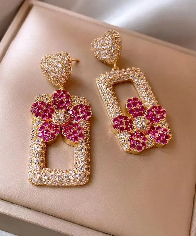 Modern Rose Sterling Silver Overgild Zircon Love Floral Rectangular Shape Drop Earrings DF1026