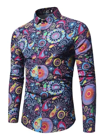 New Men'S 3D Printed Floral Long Sleeve Casual Shirt