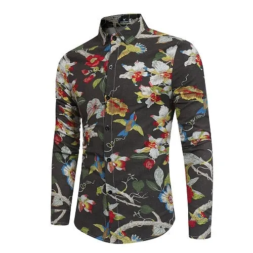 New Men'S 3D Printed Floral Long Sleeve Casual Shirt