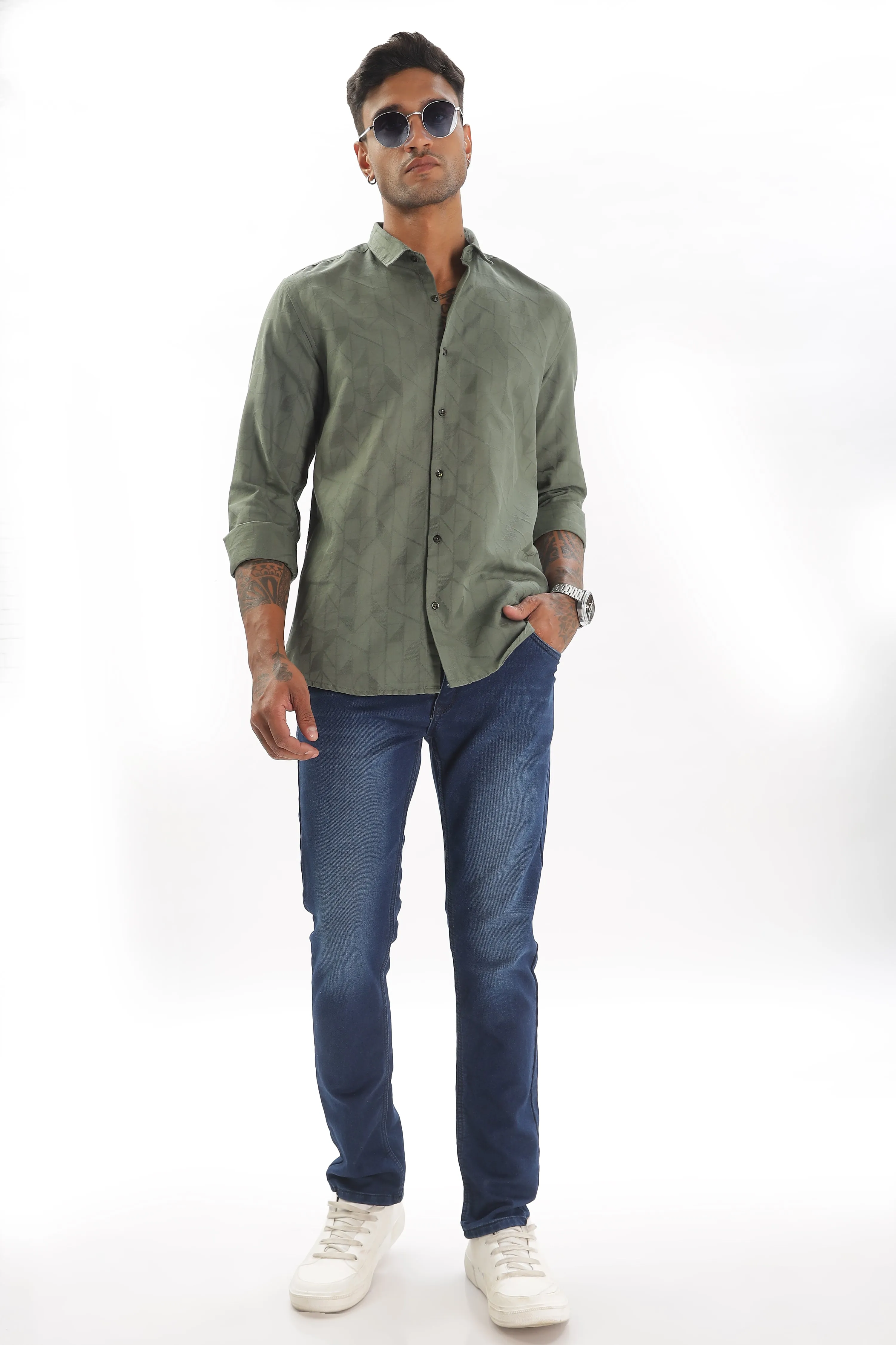 Olive Green Textured Party Wear Shirt