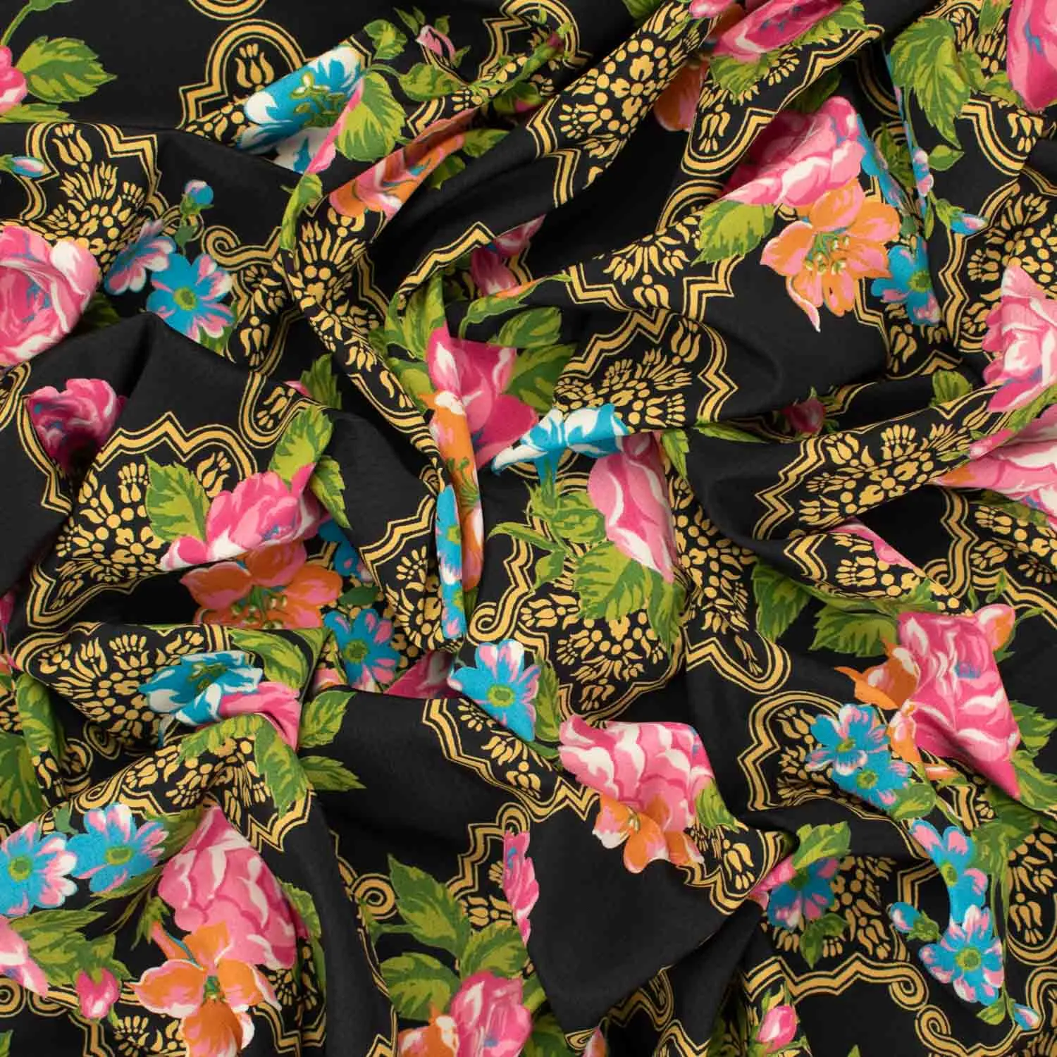 Printed Crepe Design-17 Vintage Chinese Traditional Pink & Orange Flowers on Black