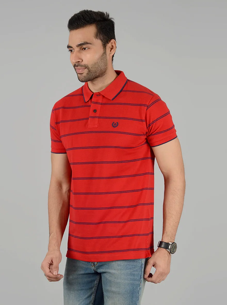 Red & Navy Blue Striped Slim Fit Polo T-Shirt | Greenfibre