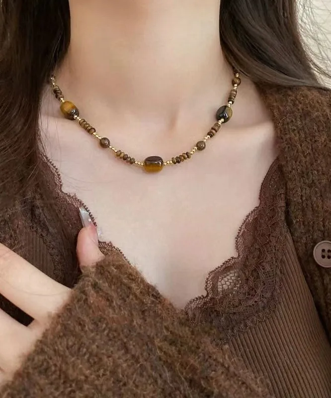 Retro Brown Bilayer Beading Tiger's Eye Pendant Necklace AB1069