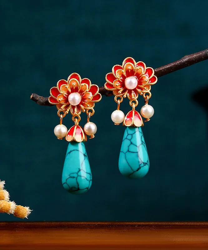 Retro Colorblock Ancient Gold Overgild Inlaid Pearl Enamel Floral Drop Earrings DF1029