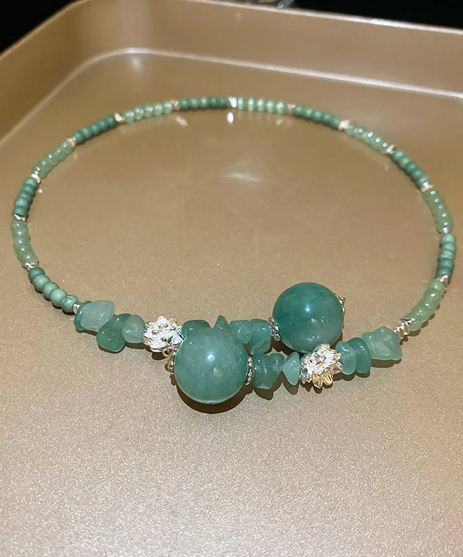 Retro Green Sterling Silver Overgild Jade Zircon Crystal Beading Gratuated Bead Necklace AB1092