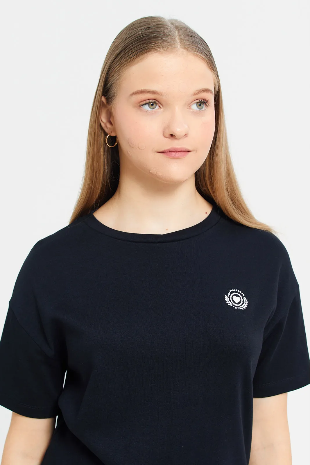 Senior Girls Black Plain Boxy T-Shirts