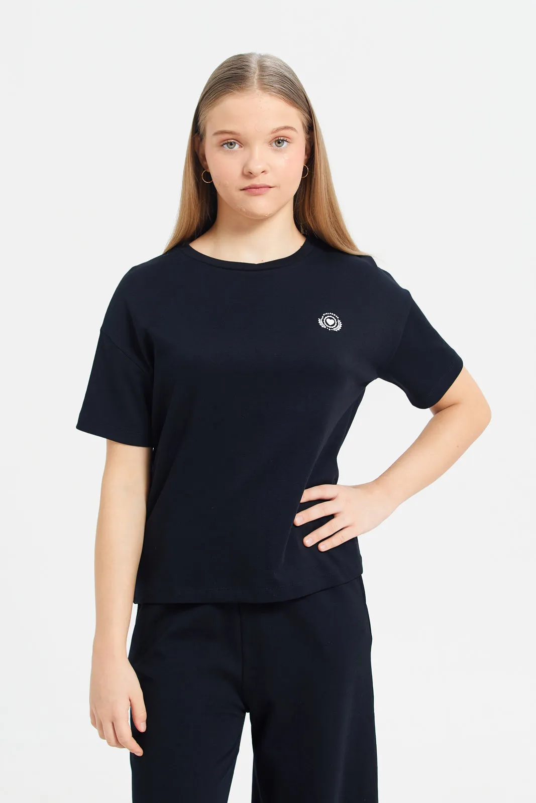 Senior Girls Black Plain Boxy T-Shirts