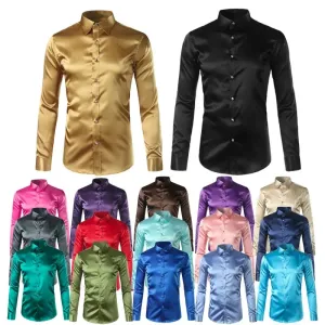 Silk Shirt Men Satin Smooth Men Solid Tuxedo Shirt Business Chemise Homme Casual Slim Fit Shiny Gold Wedding Dress Shirts