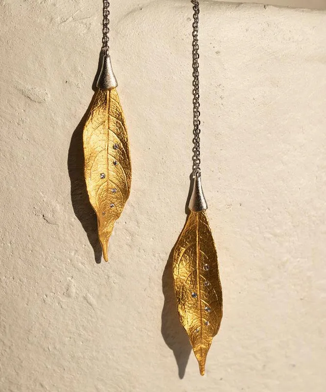 Simple Gold Sterling Silver Overgild Leaf Drop Earrings QQ071