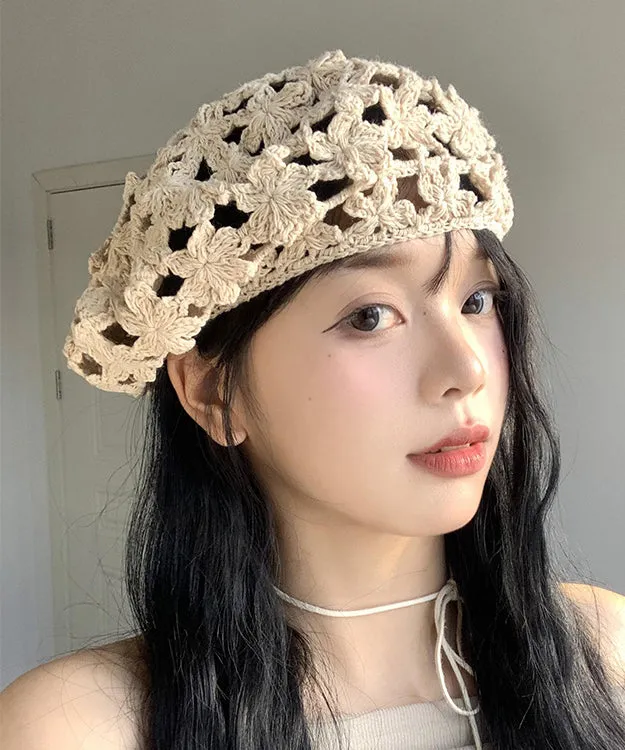 Stylish Beige Hollow Out  Floral Knit Beret Hat WB024